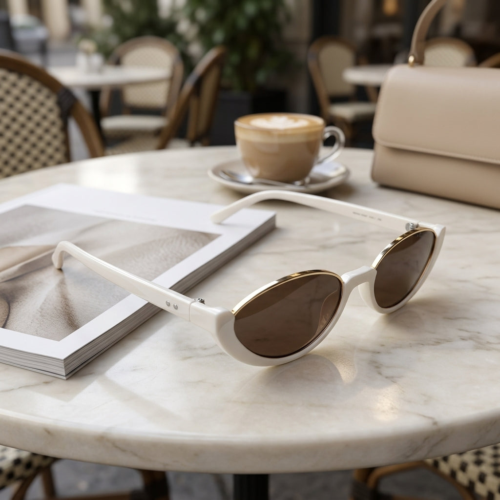 Lunettes de Soleil Œil-de-Chat Beige Crème et Dorées