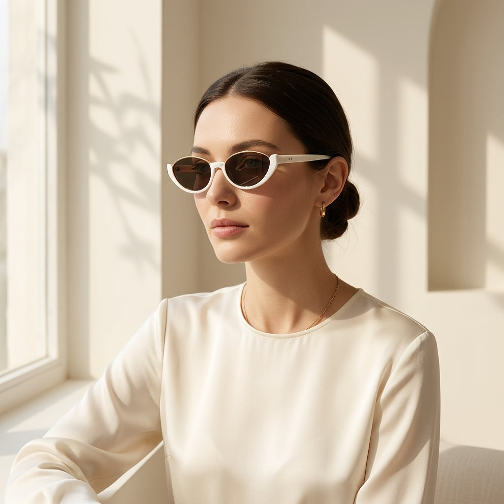 Lunettes de Soleil Œil-de-Chat Beige Crème et Dorées