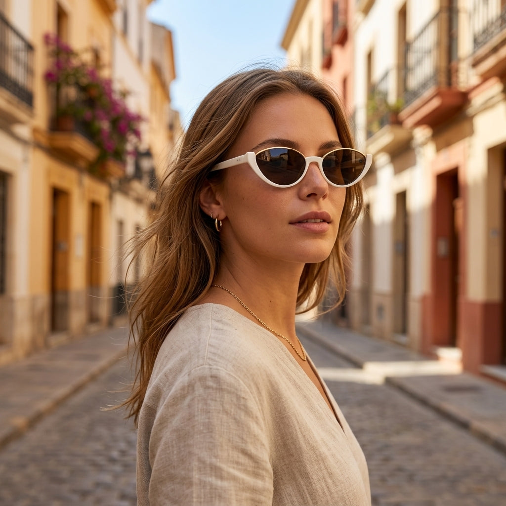 Lunettes de Soleil Œil-de-Chat Beige Crème et Dorées