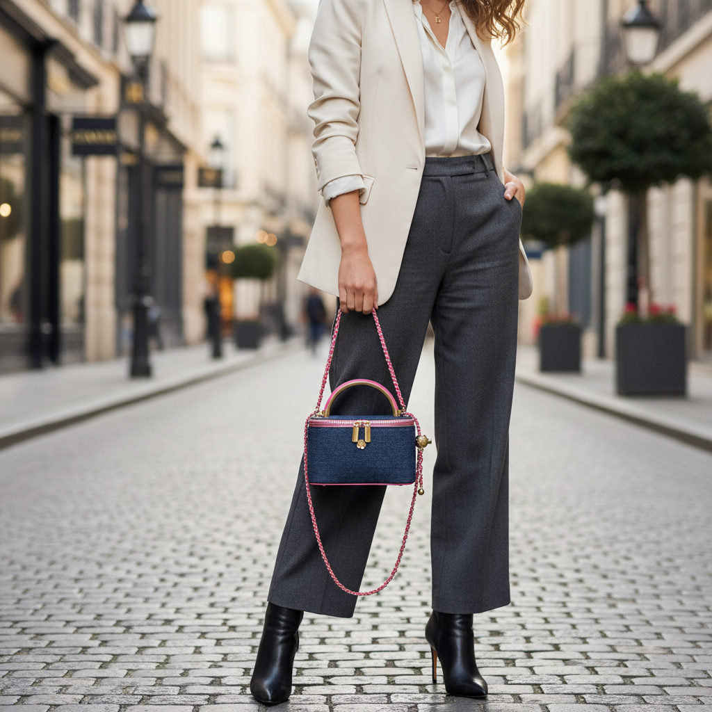 Sac Mini Luxe Denim – Anse Métal Doré & Chaîne Colorée