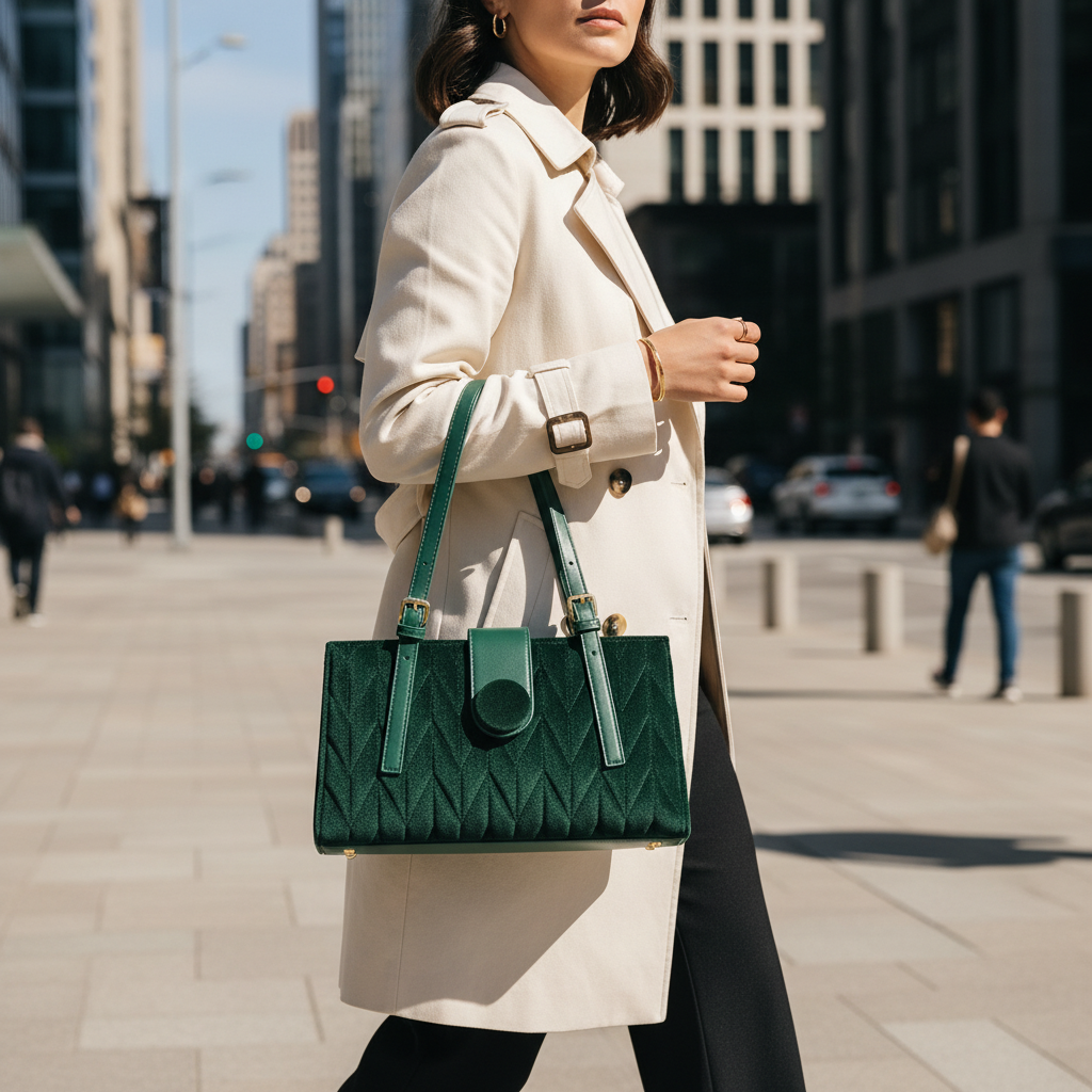 Sac à Main Vert Structuré – Élégance Moderne & Détails Dorés