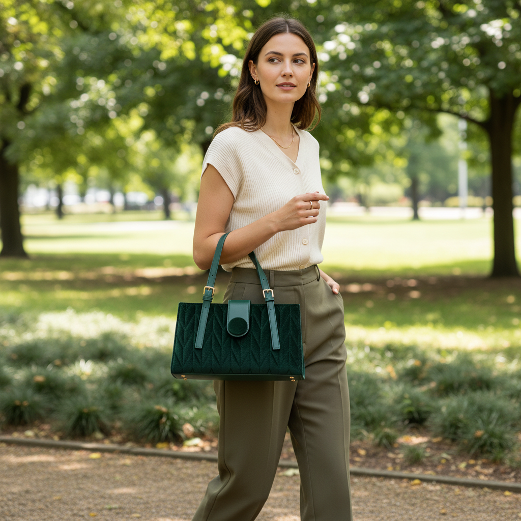 Sac à Main Vert Structuré – Élégance Moderne & Détails Dorés