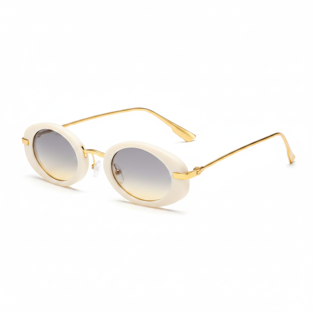 Lunettes de Soleil Rétro Ovales – Monture Blanche & Détails Dorés