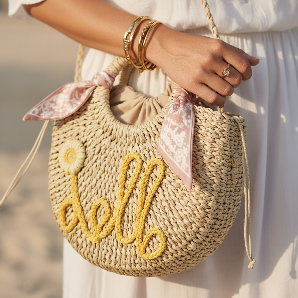 Sac Rond en Paille Tressée – Style Bohème Élégant