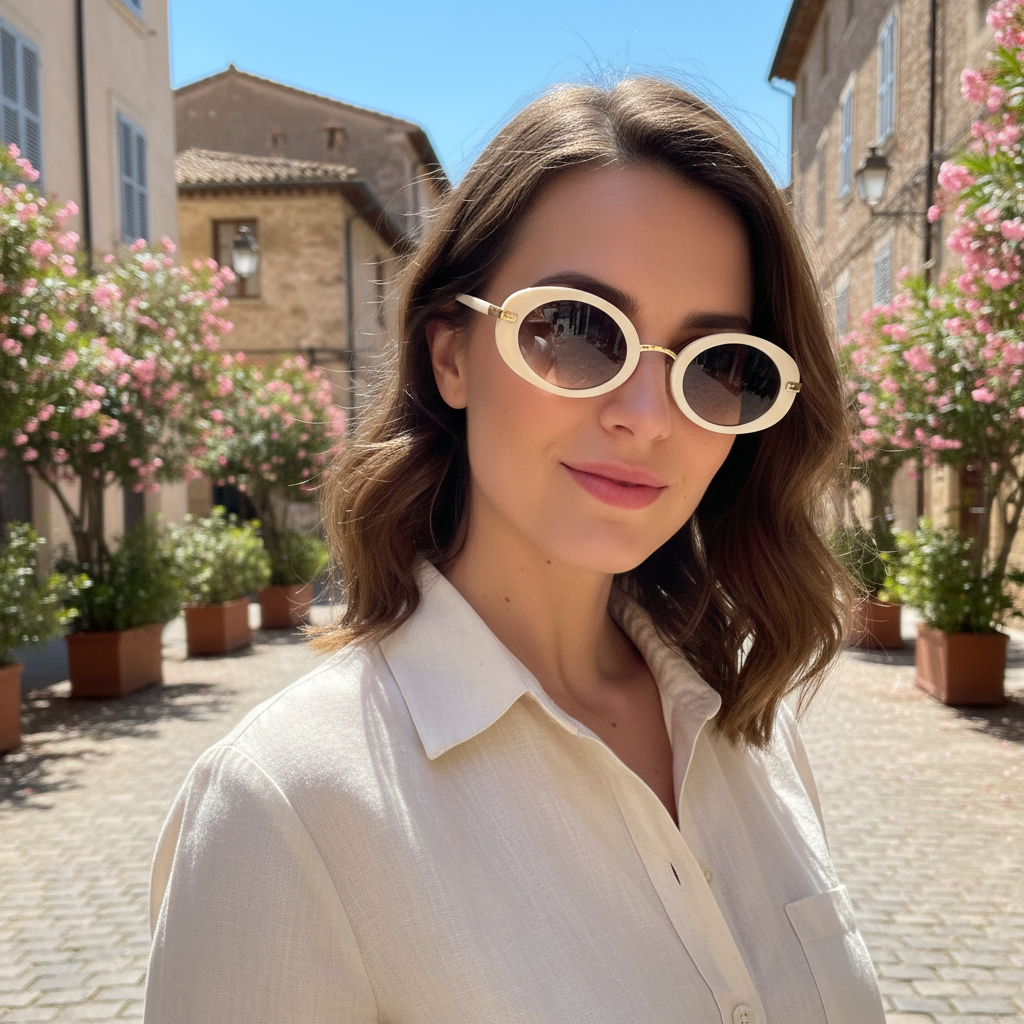 Lunettes de Soleil Rétro Ovales – Monture Blanche & Détails Dorés