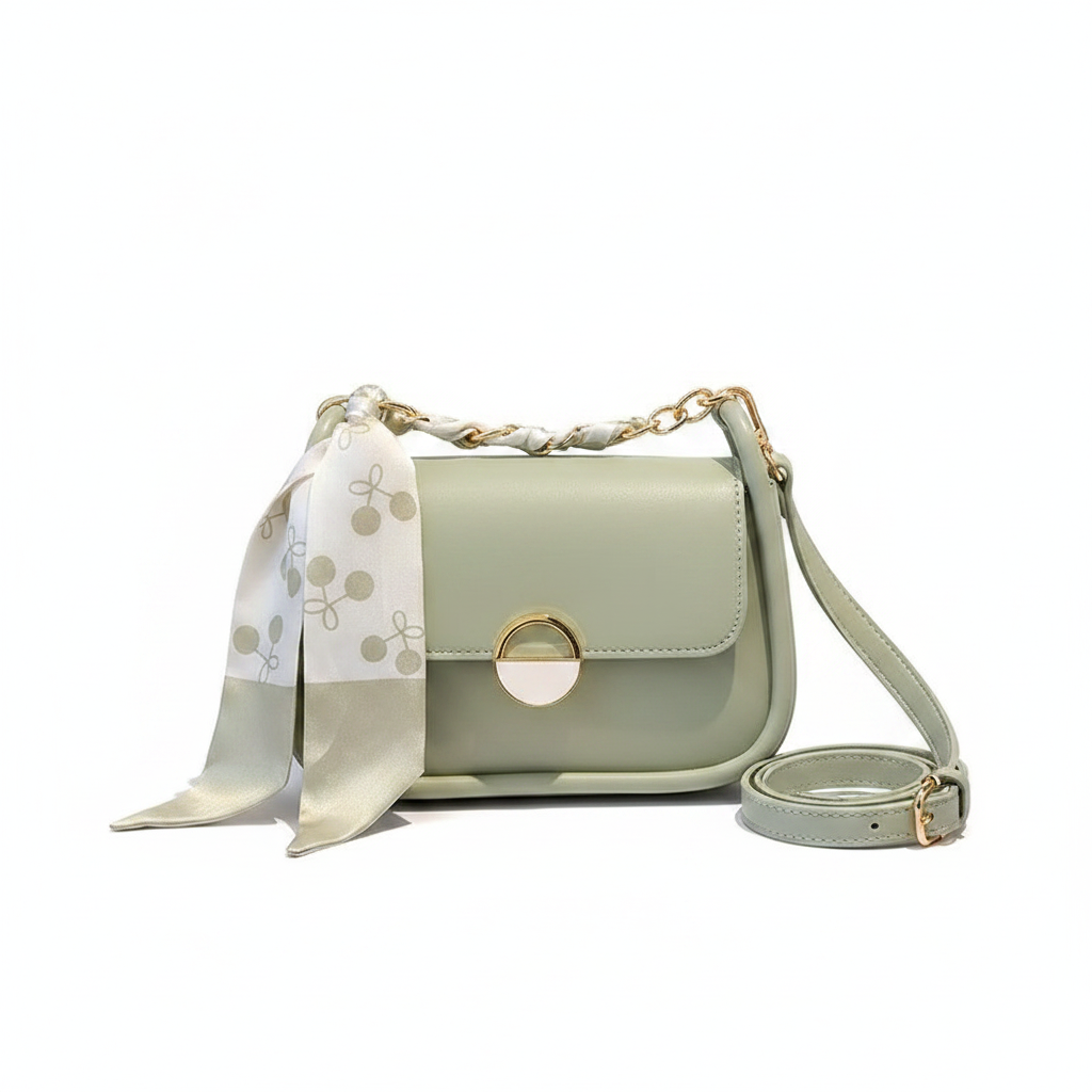 Sac à Main Vert Pastel avec Chaîne Dorée & Foulard Décoratif