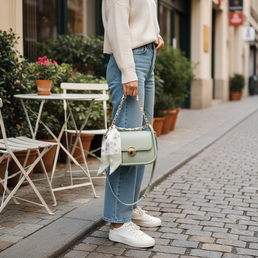 Sac à Main Vert Pastel avec Chaîne Dorée & Foulard Décoratif